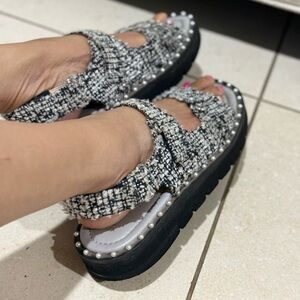 Stuart Weitzman Black and White Tweed Sandals